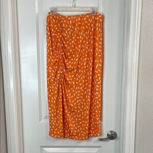 Vibrant Orange Leaf Print Midi Skirt